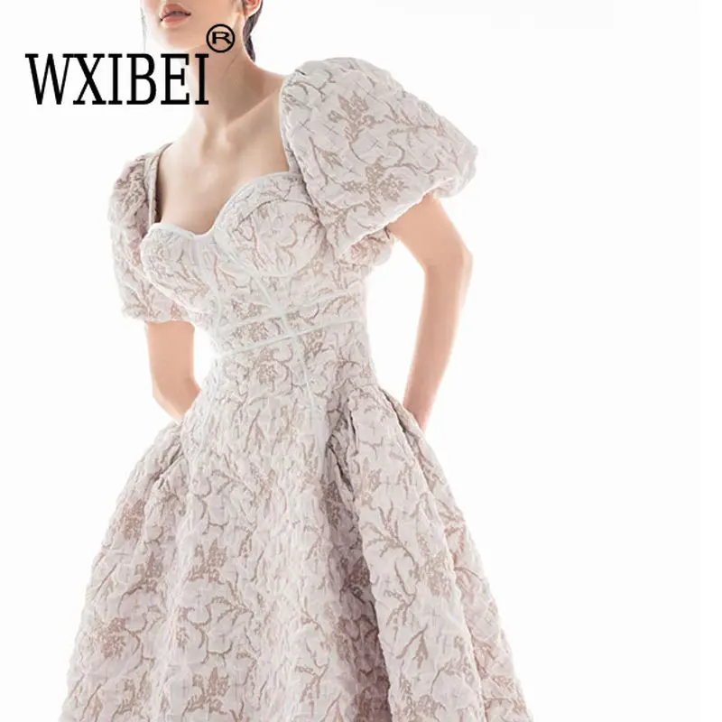 

WXIBEI Fashion Puff Sleeve Bow Bandage Backless Dress For Women 2023 Summer V-neck Slim A-line High Waist Elegant Dresses FC567