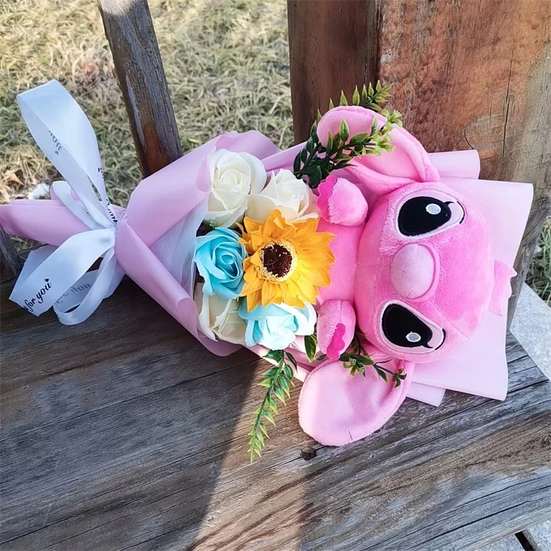 Anime Lilo & Stitch Plush Bouquet With Sunflower Soap Rose Flower Bouquet Cartoon Stuffed Valentine's Day Christmas Birthday Gif