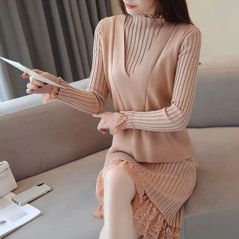 

Korean Mid Long Fashion Knitting Two Fake Pieces Dresses Lace Half Height Collar Long Sleeve Screw Thread High Elasticity Slim