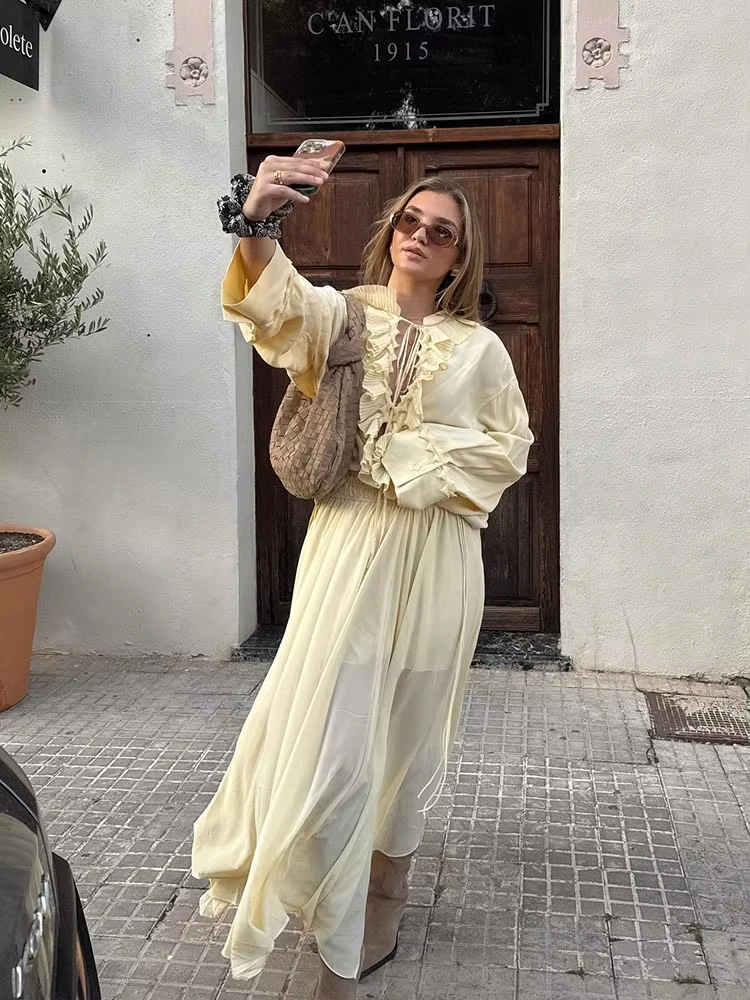 HH Women Elegant Yellow Ruffles Shirts Skirts Suits V Neck Lace-up Blouse Pleated Midi Skirt Summer Casual Maternity Outfit