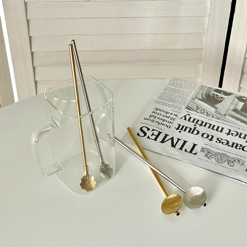 Stainless Steel Straw Spoon Cherry Blossom Straws Dual-purpose Straw Spoons Cocktail Stirring Spoon Bar Kitchen Accessories