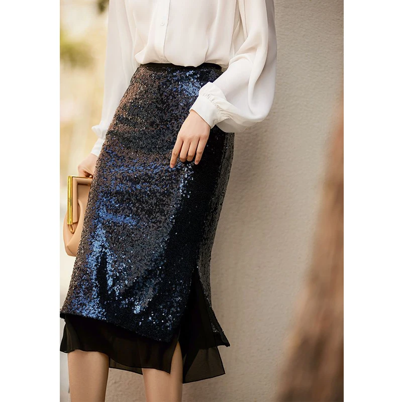Women's Korean Fashion Sequins Elegant Chic High Waist Midi Skirt Office Lady Casual Commuter Slim A-Line Skirts Ropa Para Mujer