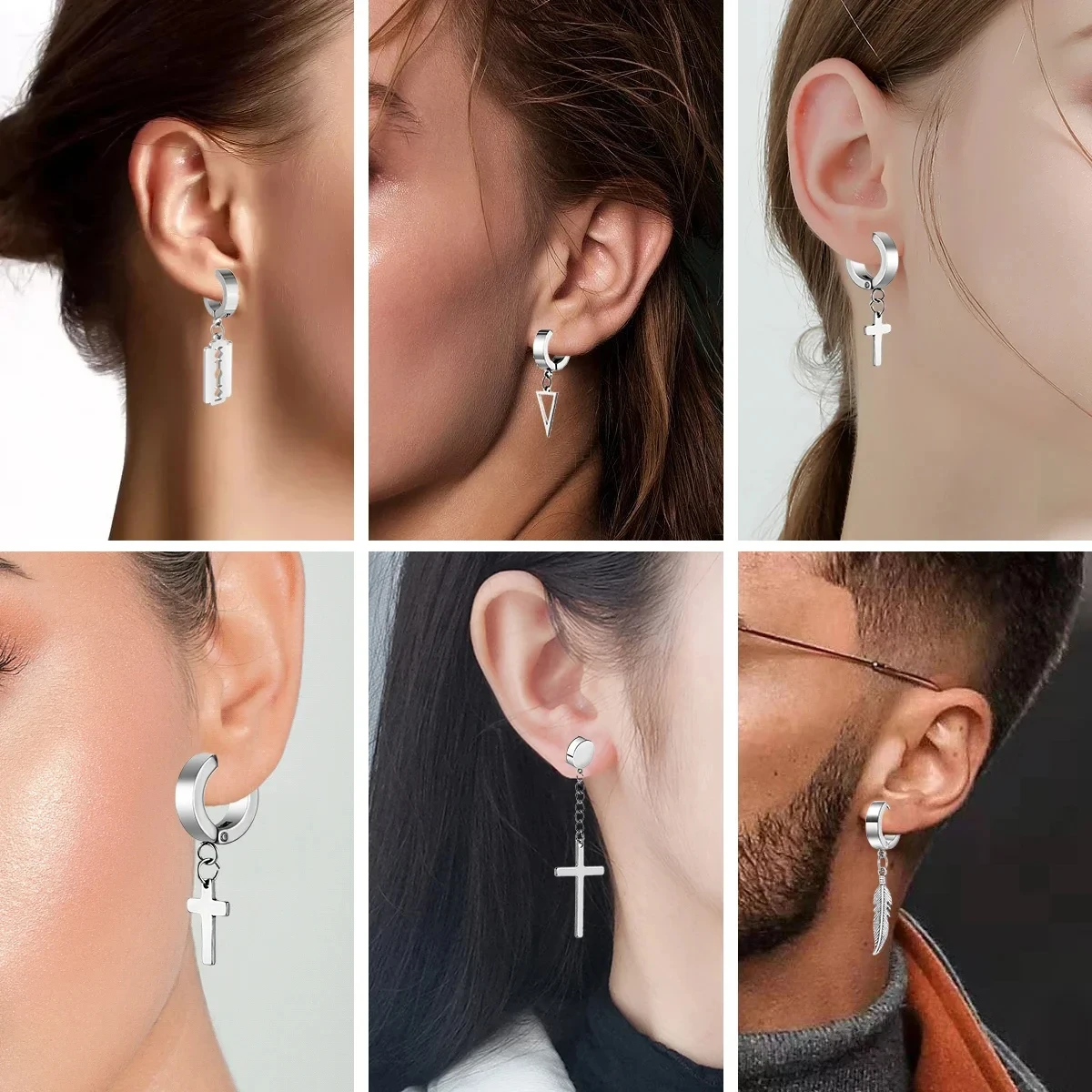 1Pair Unisex Punk Fashion Cross Pendant Ear Clip Non-Piercing Earrings