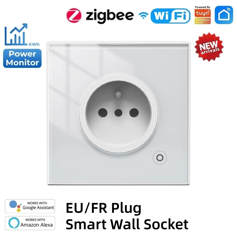 

Tuya WiFi Zigbee Smart Socket with Power Monitor EU/FR Plug Wall Glass Panel Outlet Home Appliance Adapter for Alexa Google