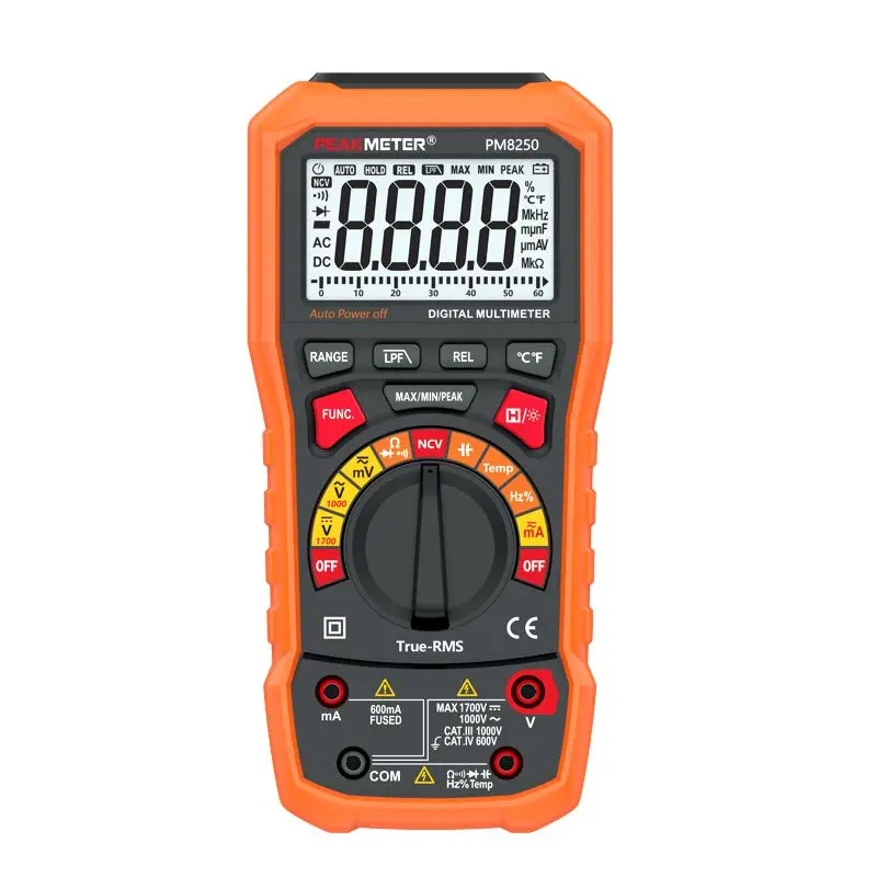 

Цифровой мультиметр Peakmeter PM8250, 1700 в, измерение Voc солнечной панели, сопротивление 60MΩ, емкость 100mF, частота 10 МГц