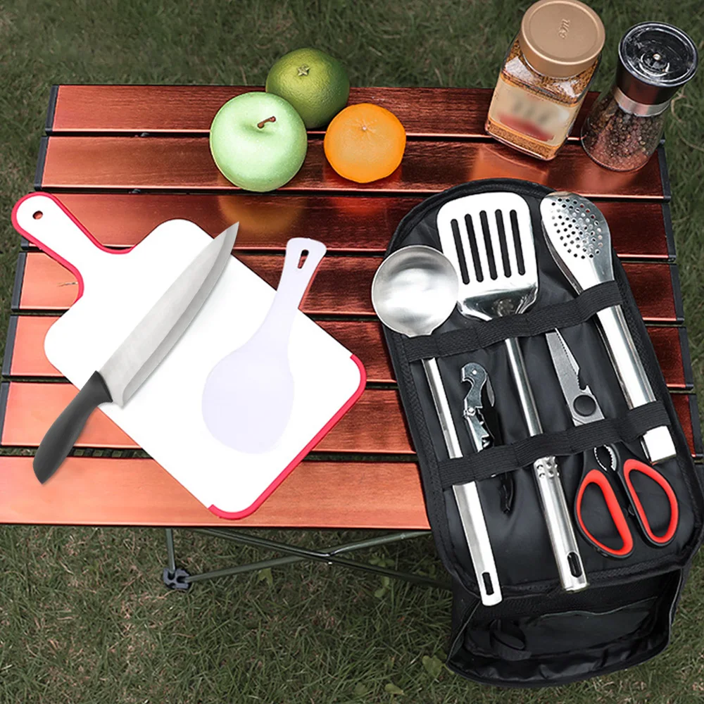 Portable Travel Utensils Set 9pcs Stainless Steel Camping Kitchen Cookware Set Kitchenware for Backpacking BBQ Camping Picnic