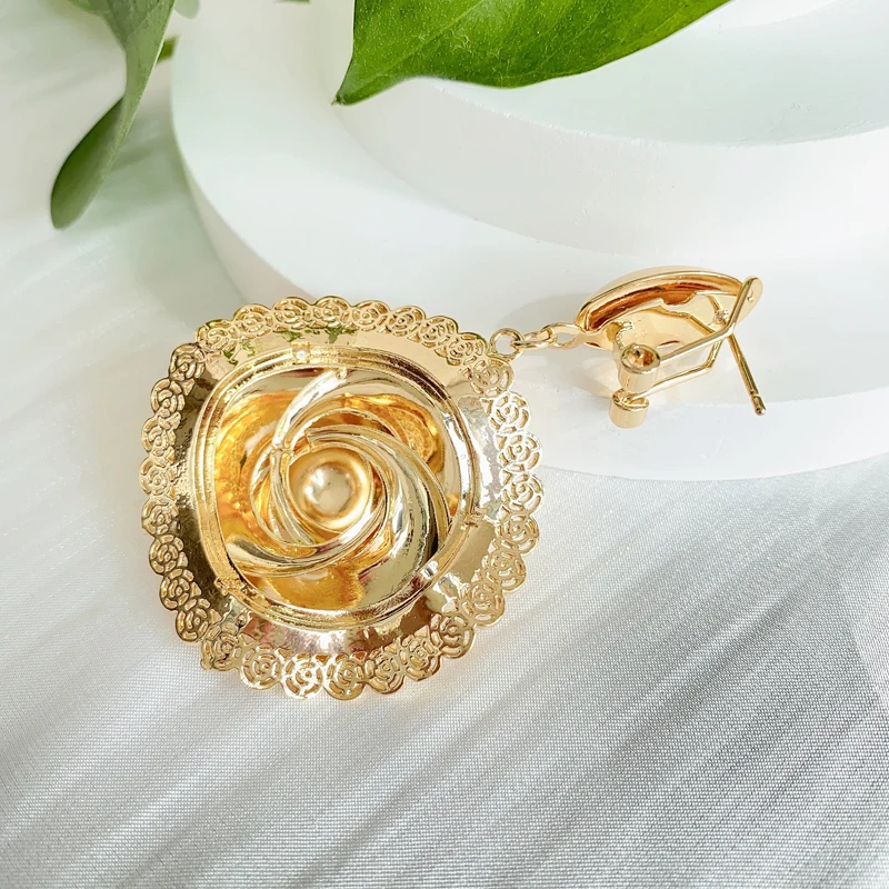 Women Trendy Clip Earrings Rose Flower Shape 18K Gold Plated Dubai Luxury Earrings For Women Wedding Party Anniversary Gift