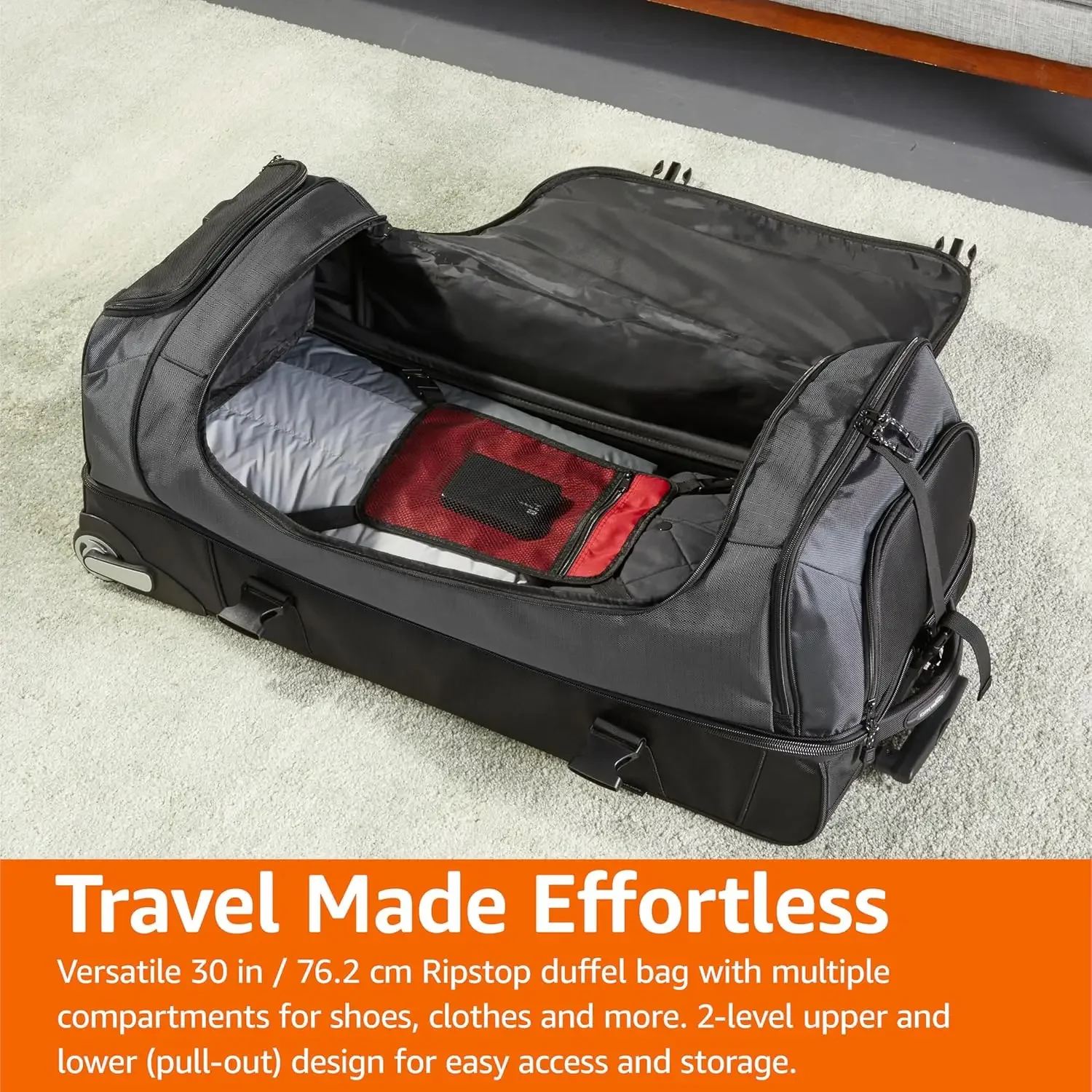 Rolling Duffel Bag with Wheels, Ripstop Luggage for Traveling, Telescoping Handle