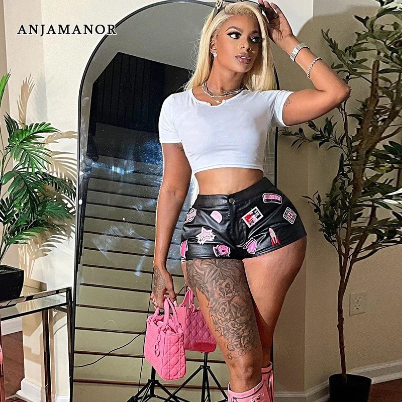 

ANJAMANOR Hot Sexy High Waist Booty Shorts for Women Bottoms Streetwear Fashion Black Faux Leather Shorts D66-CG11