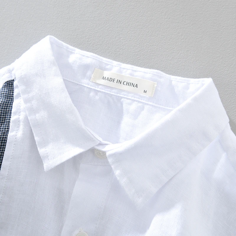 Pure Linen Shirts for Men Casual Plaid Patchwork Short Sleeve Shirt