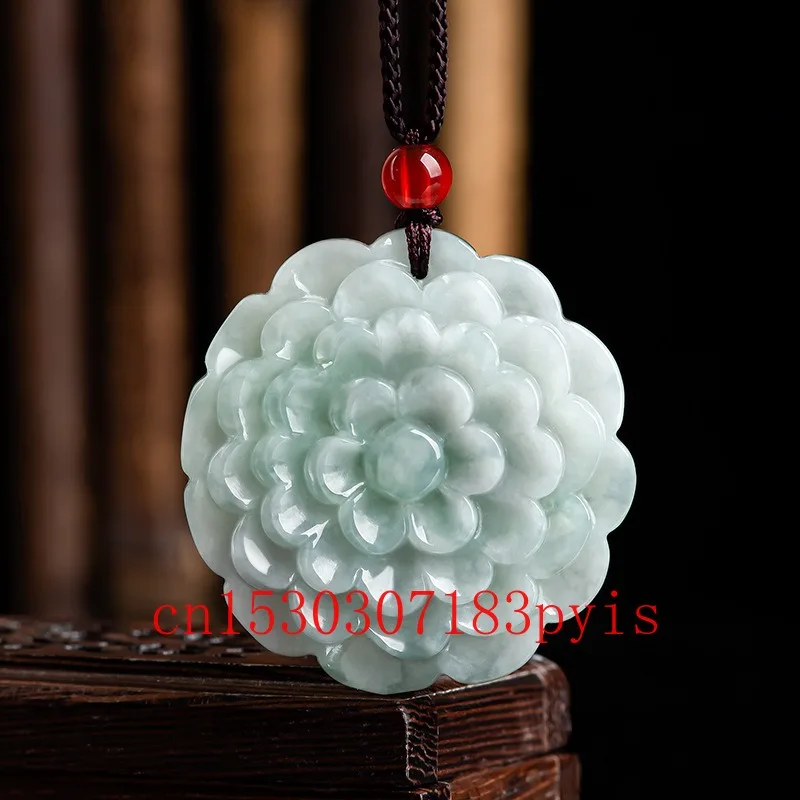 

Natural Burmese Emerald Jade Peony Flower Pendant Fashion Fine Jewelry Making Necklace Jadeite Charm Amulet Gifts for Women