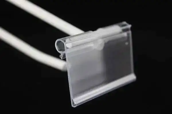 100 Stück/Los, 42 cm breit, weiß, transparenter Hakenaufhänger, Etikettenrahmen, Drahtregal-Preisschilder, Ticket-Clip, PVC-Etikettenhalter-Rahmen – Detail 8