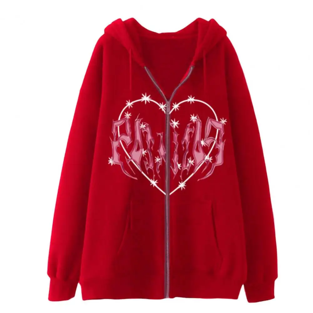 

Women Men Coat Loose Heart Print Autumn Hoodie Coat Zipper Cardigan Unisex Coat Elastic Cuff Autumn Hoodie for Daily Wear