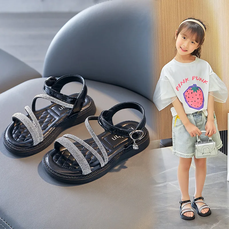

Girls Summer Sandals Kids Beach Shoes Princess Rhinestone Bling Shiny Soft Children's Sandals Glitter Anti-skid 2024 Brand New