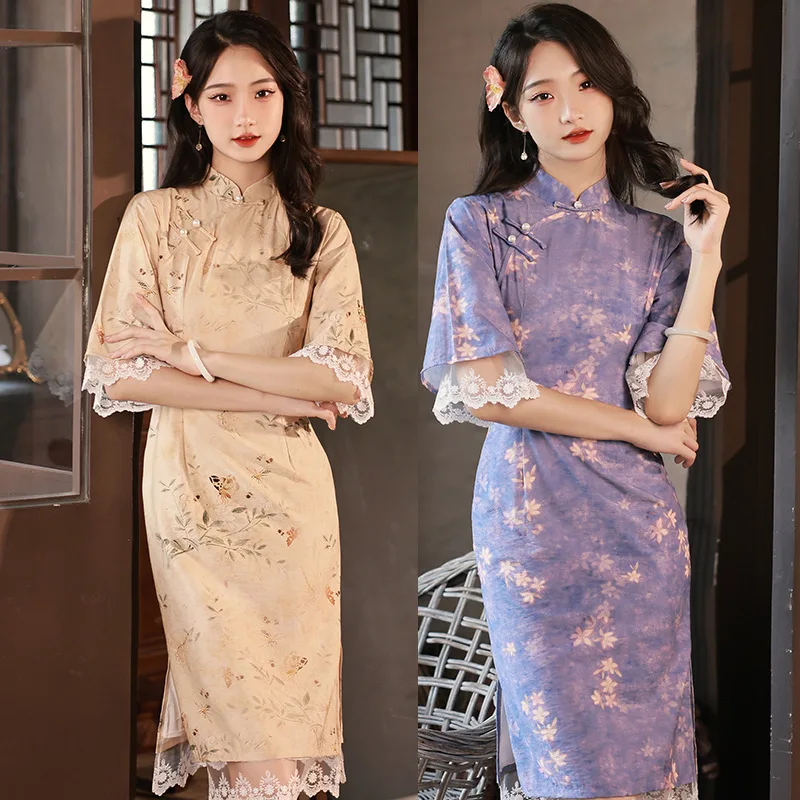 

Summer Chinese Young Girls Cotton Cheongsam Mandarin Collar Lace Trim Half Sleeve Qipao Evening Party Dress