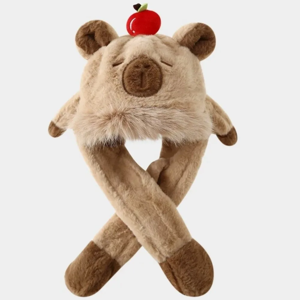 Windproof Ear Protection Hat Movable Ears Soft Capybara Hooded Scarf Thickened Integrated Hat Scarf Set Outdoor Activities