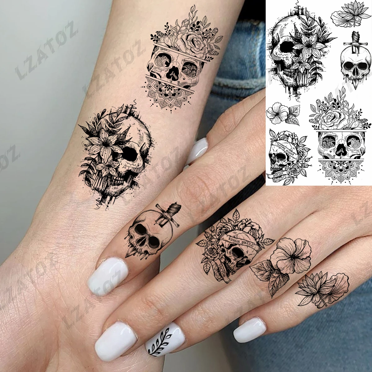 DIY Rose Flower Temporary Tattoos For Woman Man Realistic Skull ...