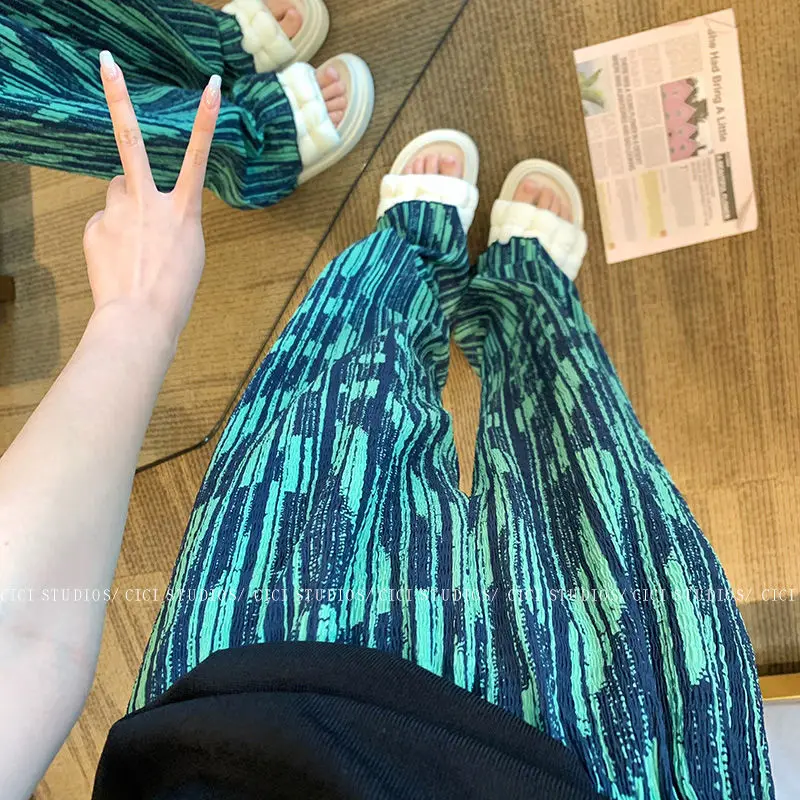 Trousers Tie Dyeing Wide Legs Trousers Woman Pleating New Stripe Leisure Straight Cylinder High Waisted Mopping The Floor