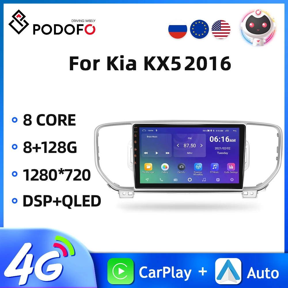 

Автомагнитола Podofo, 2DIN, Android, для Kia KX5 2016, мультимедийный видеоплеер, GPS-навигация, 4G, Wi-Fi, беспроводная автомобильная стереосистема Carplay 9 дюймов