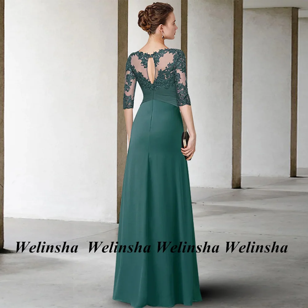 Emerald Green Mother of The Bride Dress Elegant Half Sleeves Scoop Neck Applique Floor Length A Line Chiffon Wedding Guest Gown