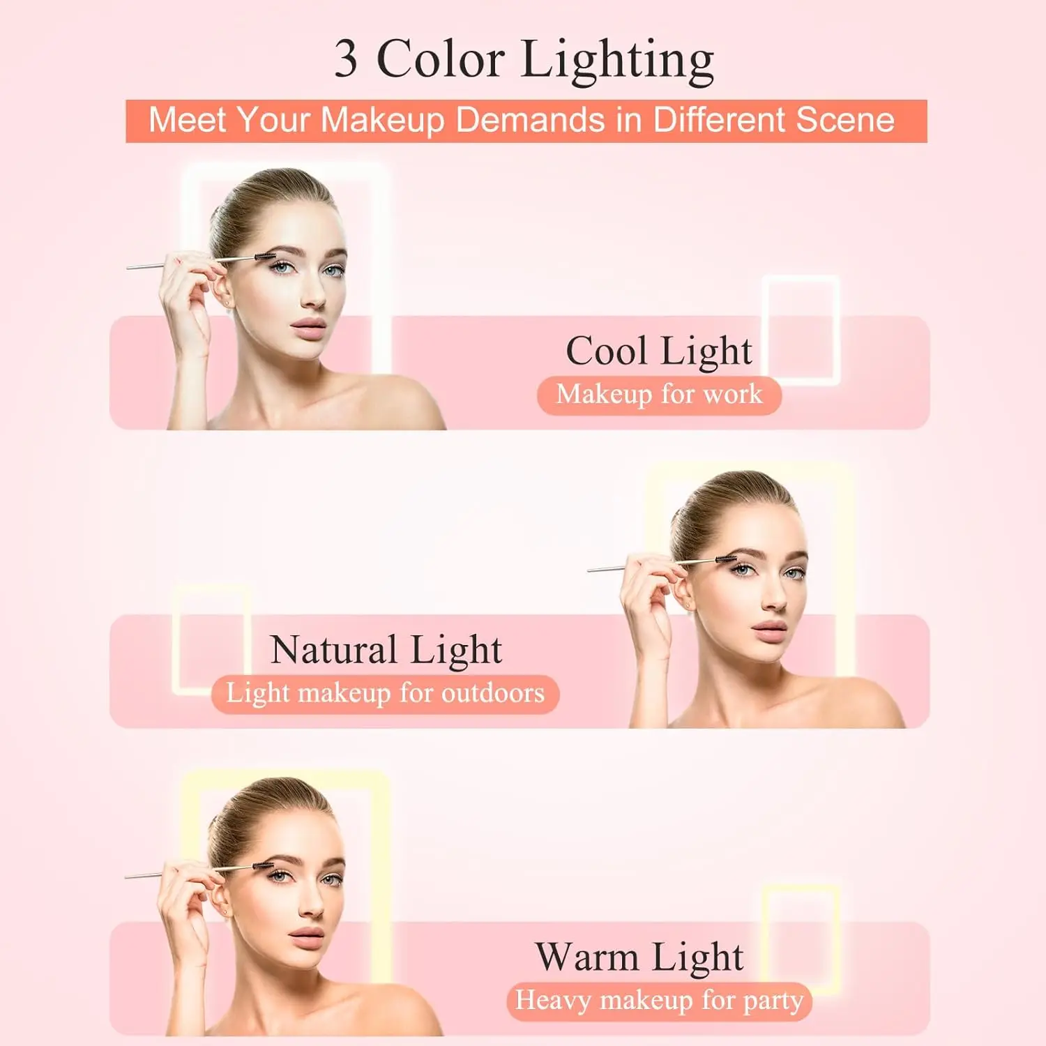 LED 여행 메이크업 거울 3 색 라이트 USB 충전식 터치 스크린 귀여운 휴대용 탁상 화장품 거울 Ins 핑크 아름다운