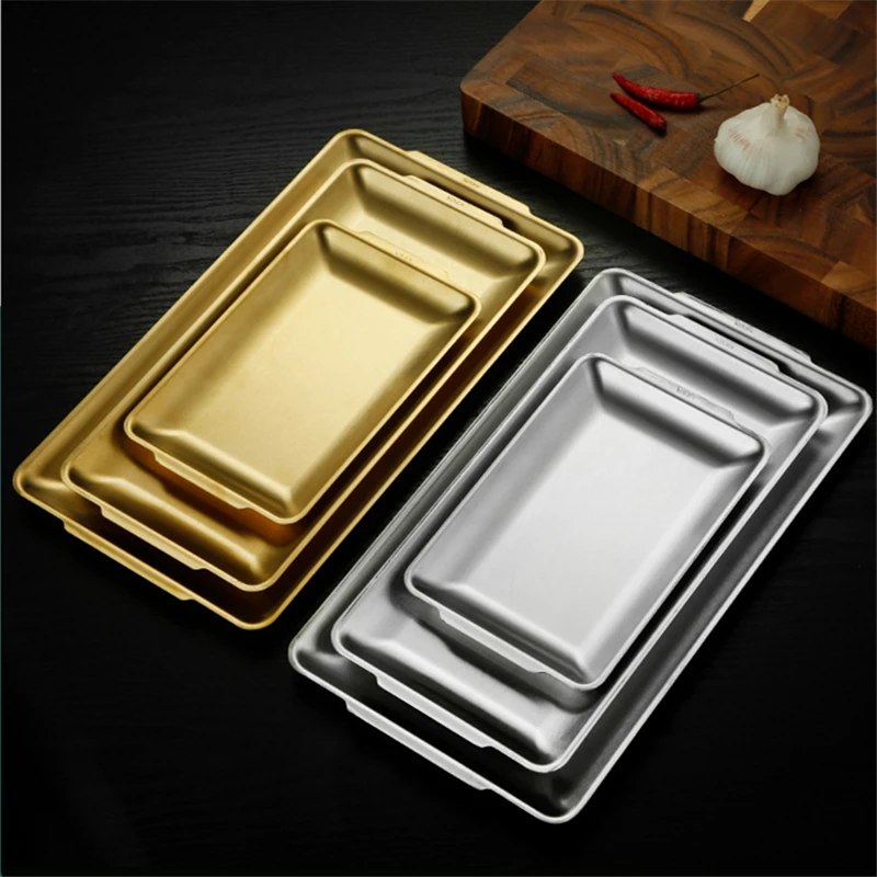 Thicken Stainless Steel Food Storage Shallow Trays BBQ Sushi Flat Dish Bread Pastry Baking Pan Kitchen Fruit Vegetable Plate storage tray kitchen tray bamboo organizer tray