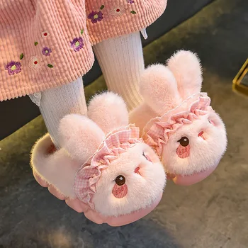 Kids' Plush Rabbit Slippers - Winter Closed-Back House Shoes, Warm Fleece-Lined Booties for Girls & Matching Family Pairs 1