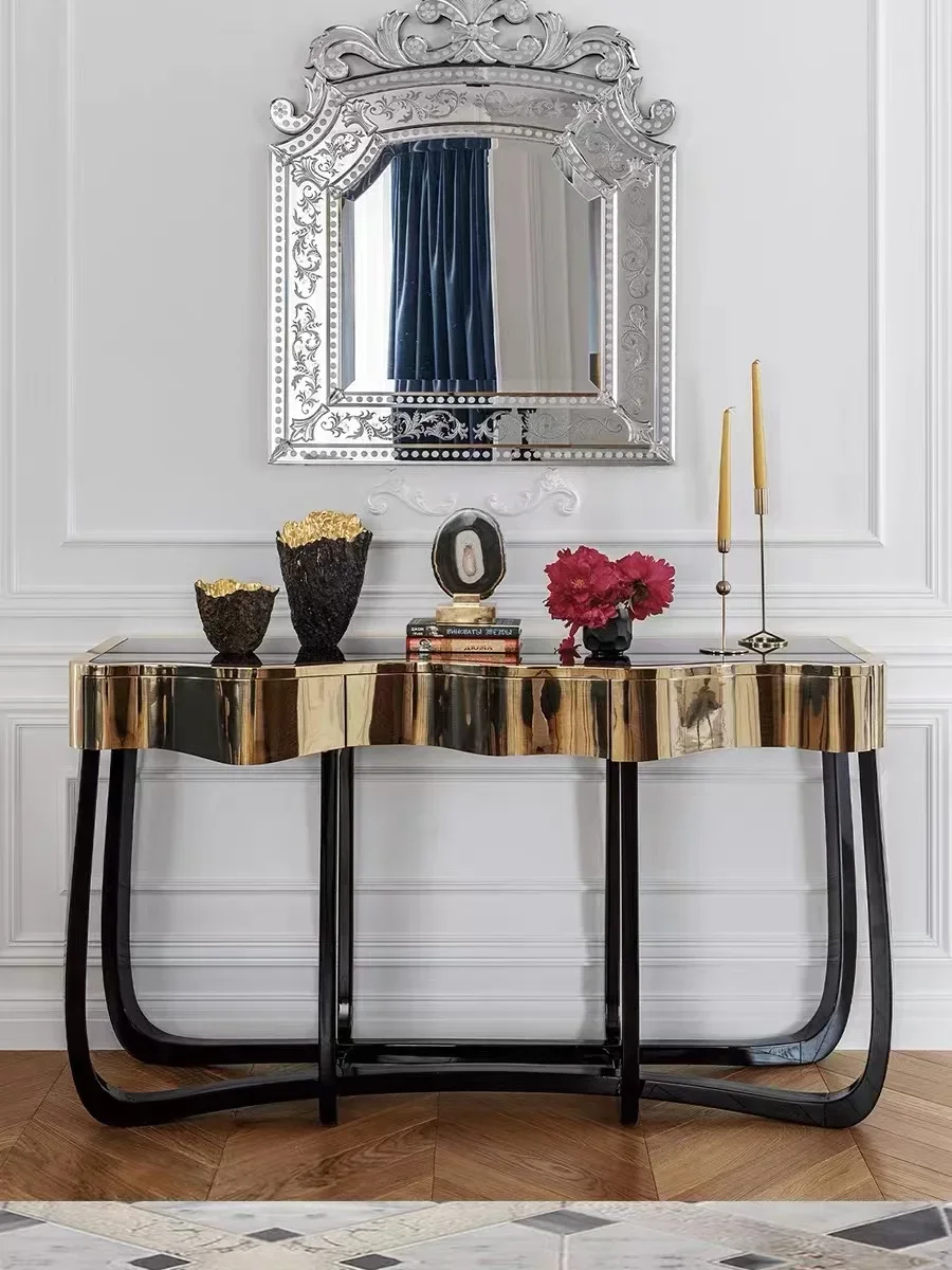 Factory Luxury Stainless Steel Boca Do Lobo Console Table Toughened Glass Marble Top Entry Table With 3 Drawers