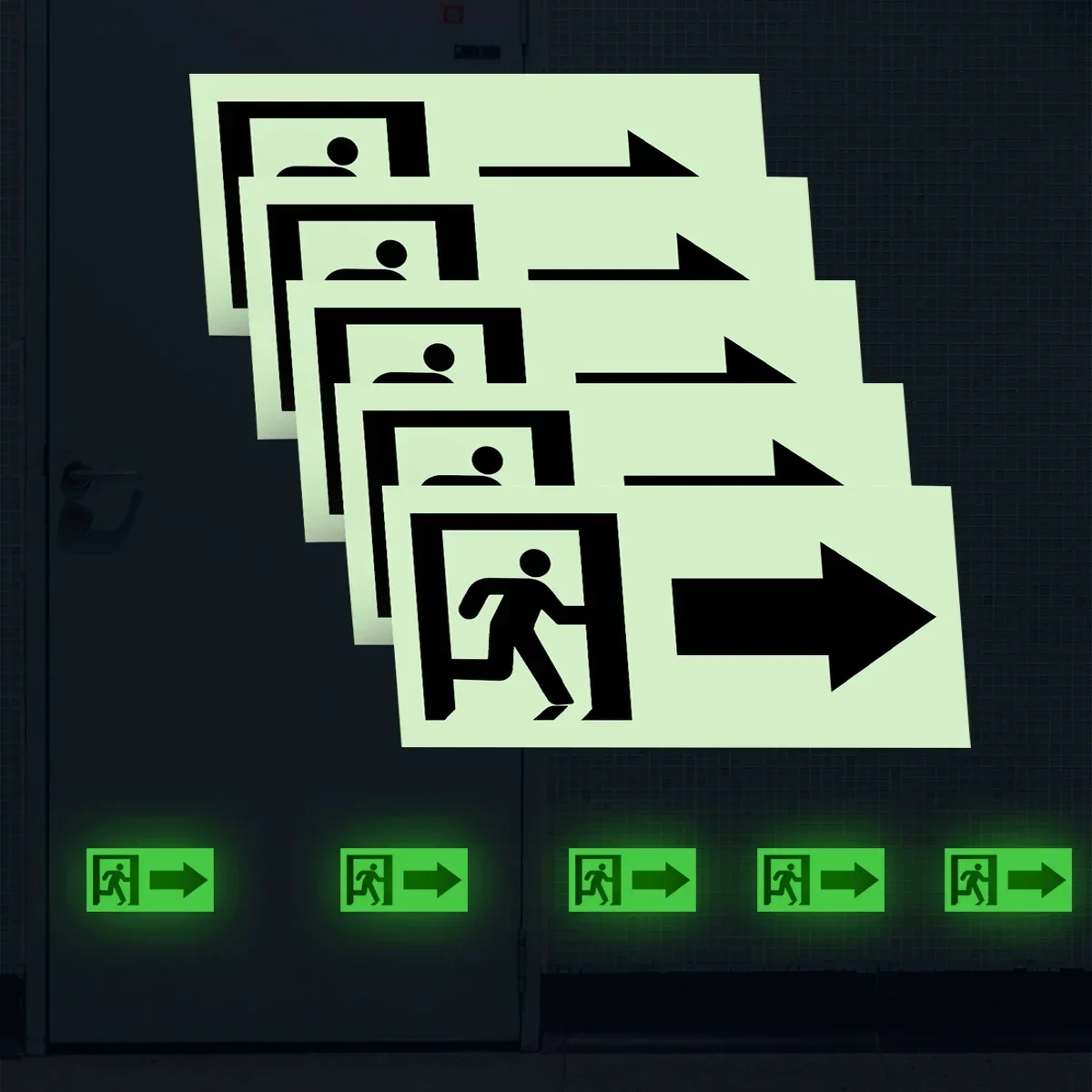 5Pcs Creative Luminous Exit Sign Instruction Sticker Office Shopping Mall Public Place Fluorescent Sticker Removable Wall Decals