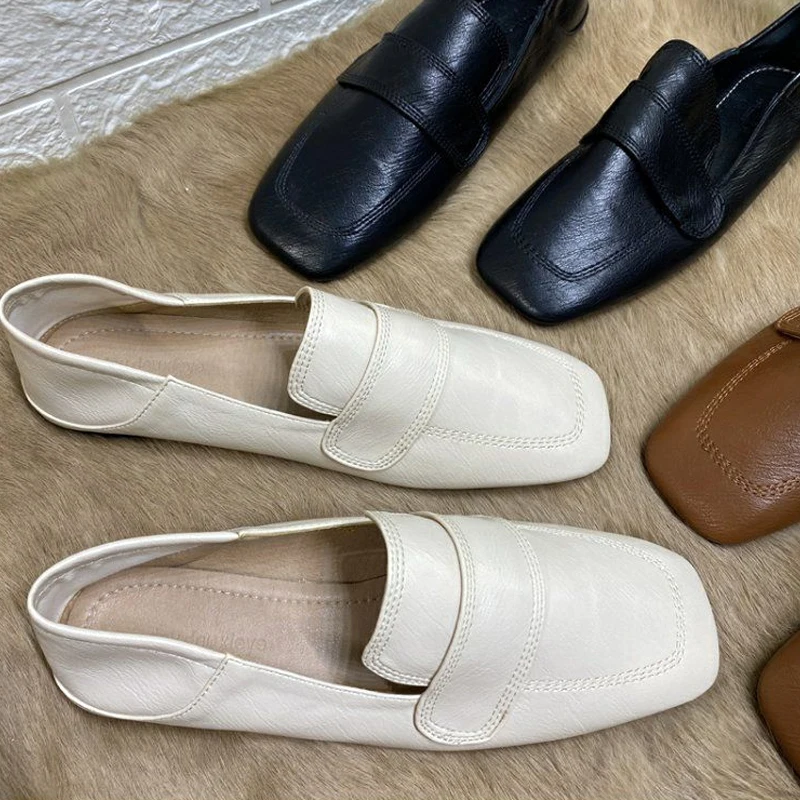 Mocassins de couro para mulher sapatos lisos dedo do pé quadrado deslizamento em rasa confortável casual senhoras sapatos de mula festa sapatos de condução vc3498