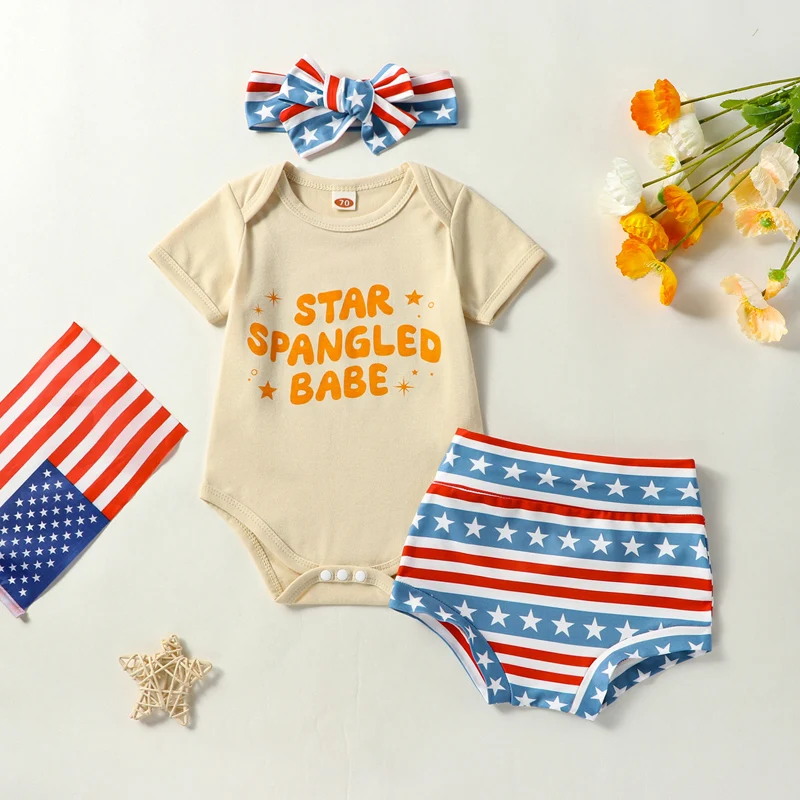 

2023-04-12 Lioraitiin 0-18M Independence Day Baby Girls Outfit Letter Print Short Sleeve Jumpsuit Star Stripe Shorts Headband