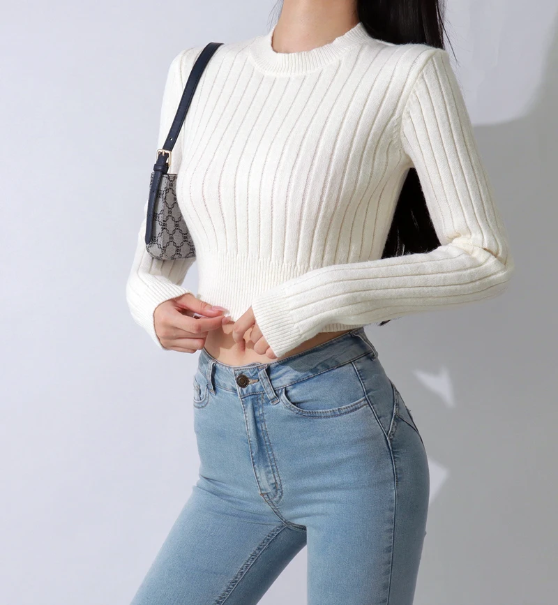 Women White Basic Style Crop Thick Knit Cropped Jumper