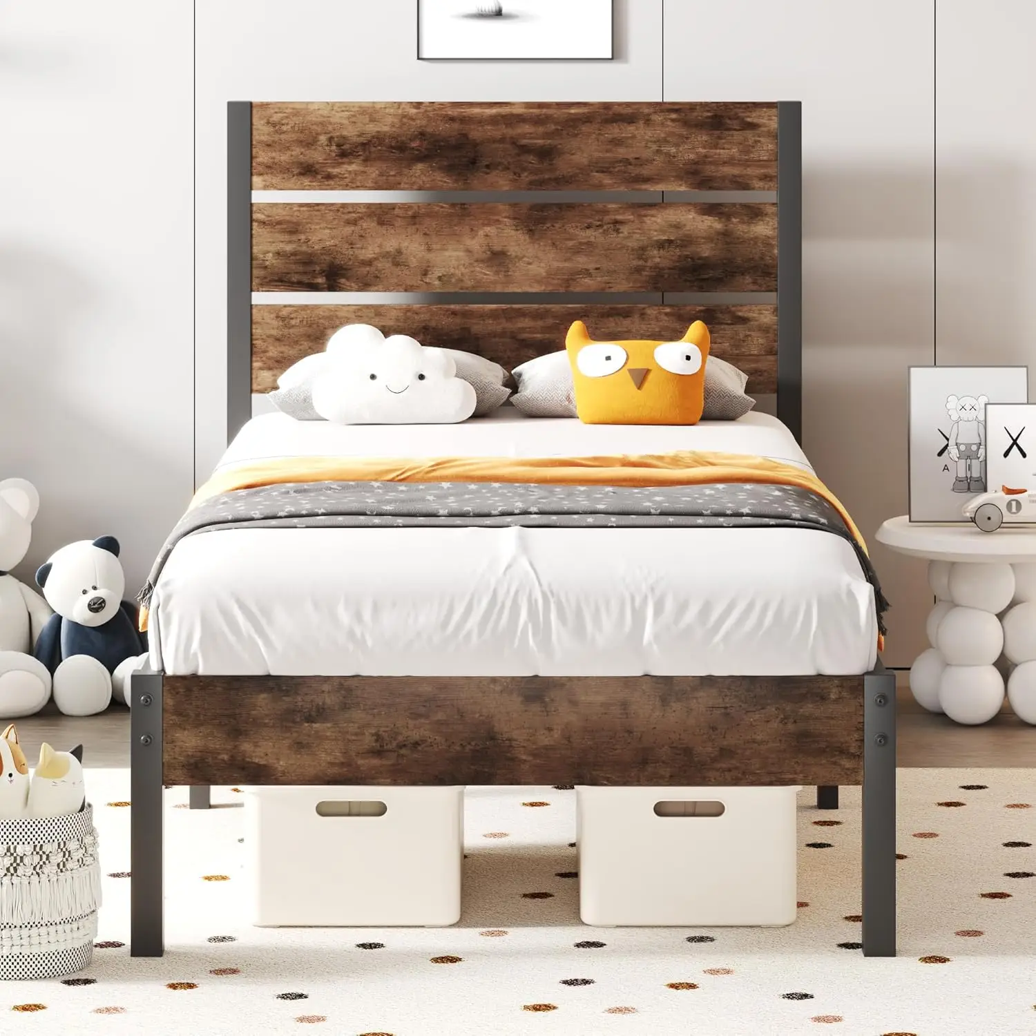 Bed with Headboard and Footboard, Metal Twin Bed Frame with Under Storage, All-Metal Support System, No Box Spring Needed, E