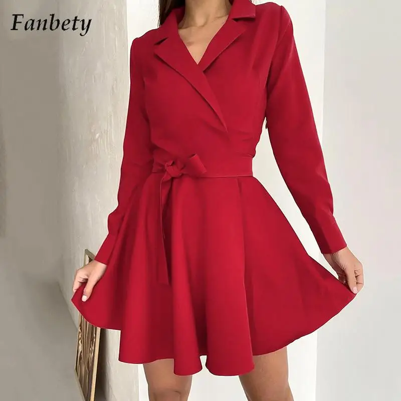 

Women Fashion Turndown Collar Shirt Dresses Causal Long Sleeve Party Dress Ladies Elegant Solid Color Lace Up Mini Dress Vestido