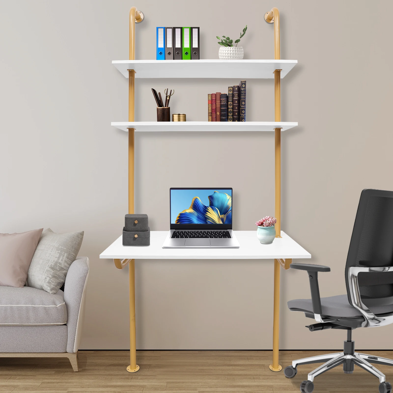 Wall Mount Desk 3 Tiers Computer Writing Table Laptop Industrial Bookcase Floating Pipe Ladder with Shelf for Home Office School 2
