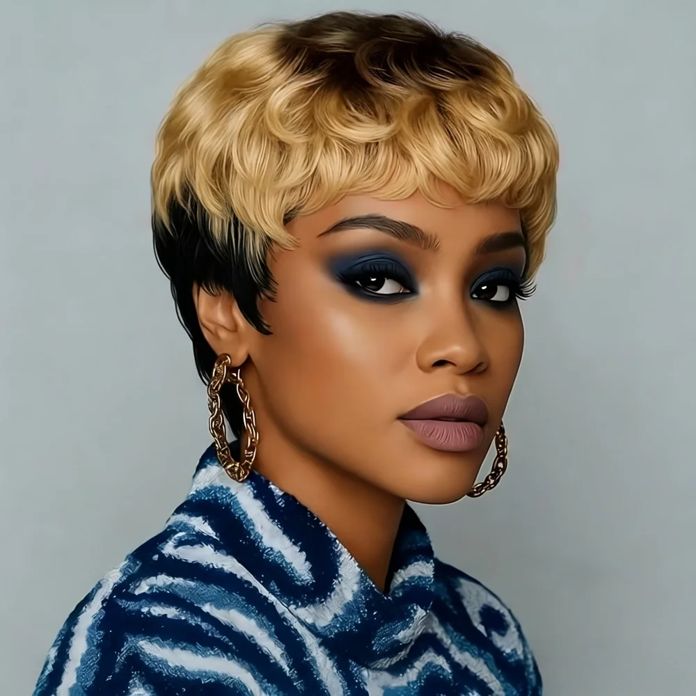 Pixie Cut Curly Wave Human Hair Wig with Bangs