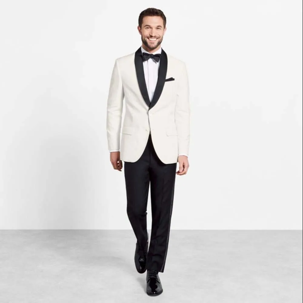 

White Contrast Shawl Jacket Tuxedo Men's Suit Groom Wedding Party Evening Suits 2 Piece Jacket+Pants Blazer Sets