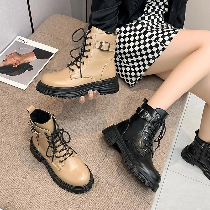 2023 New Shoes for Women Mid-Calf Lace-up Women's Boots Platform Fretwork Heels Winter Ladies Boots Round Toe Shoes Ladies
