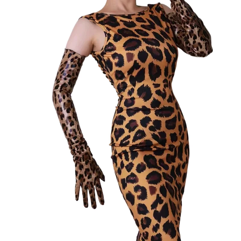 

2022 Leopard Print Extra Long Gloves 70cm Large Sleeves Loose Patent Faux Leather Faux Leather Jaguar Brown Leopard