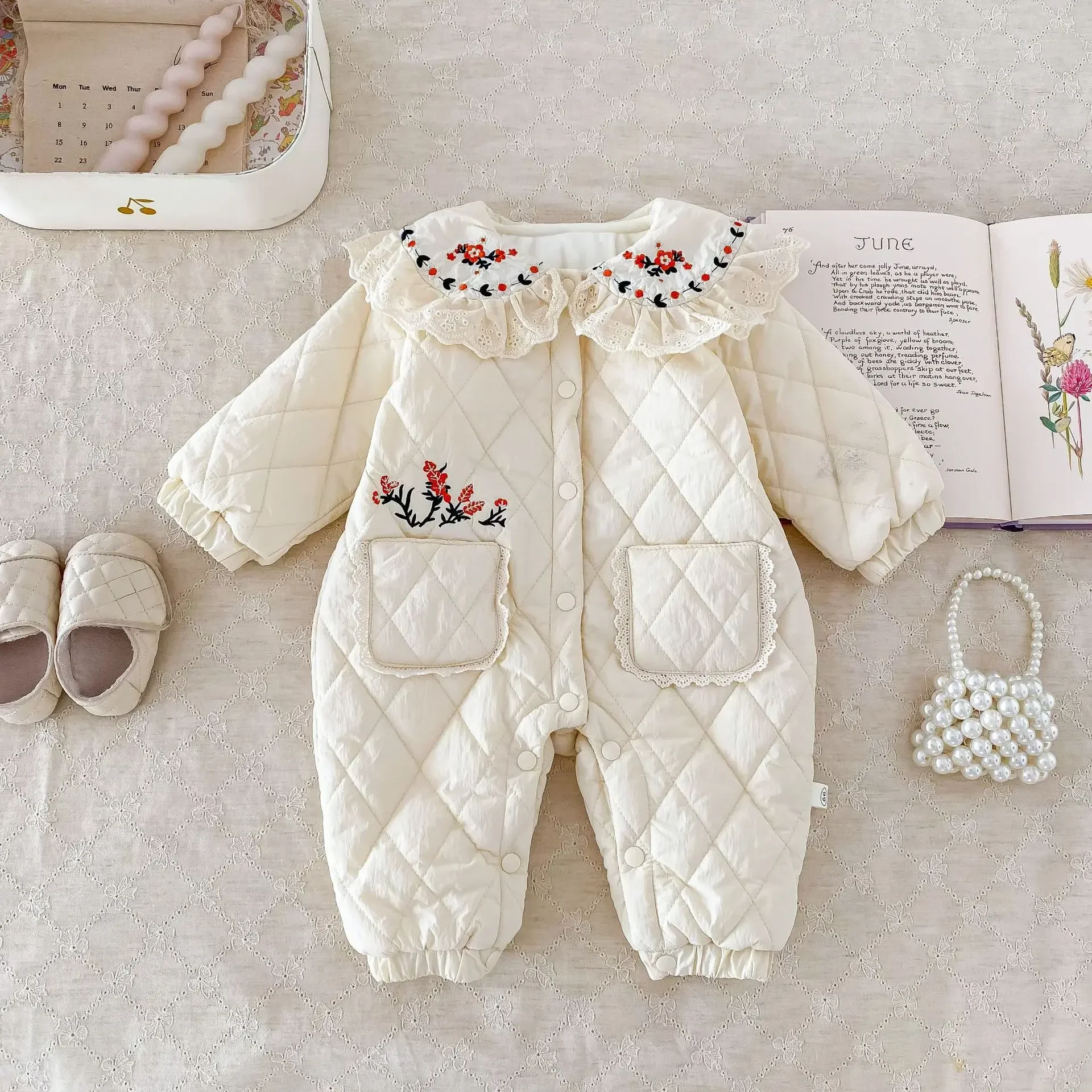 

2023 Winter New in Newborn Infant Peter Pan Collar Embroidery Floral Lace Ruched Quilted Thicken Warm One-piece Romper 0-24M