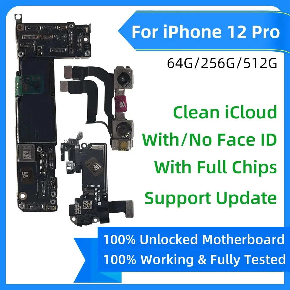 

100% Unlocked Motherboard for iPhone 12 Pro, Face ID Support System Update, Logic Board Plate, Mainboard, iCloud Update Tested