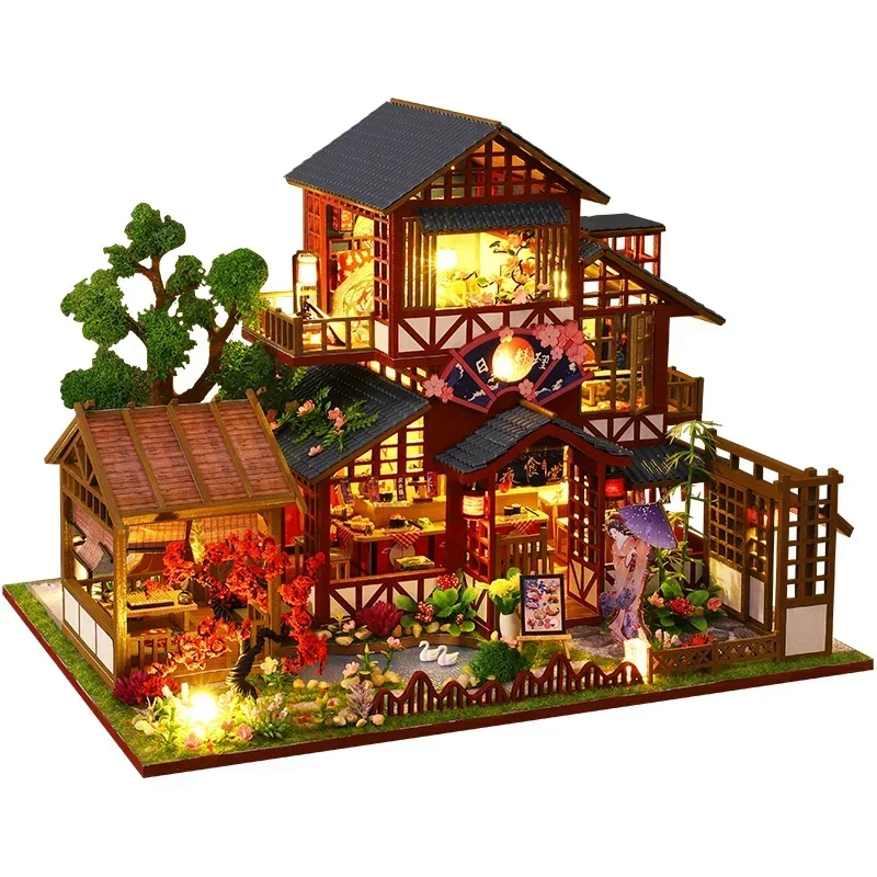 

DIY Wooden Doll House Japanese Architecture Casa Miniature Building Kits Dollhouse With Furniture Lights Toys for Girls Gifts