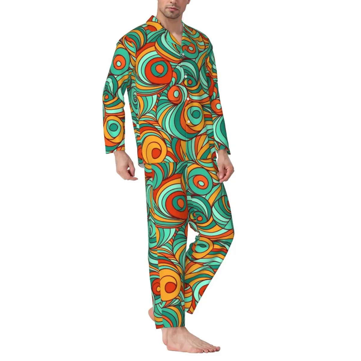 

Pajamas Mens Swirling Retro 70S Leisure Nightwear Abstract Lines Print 2 Pieces Loose Pajama Sets Fashion Oversized Home Suit
