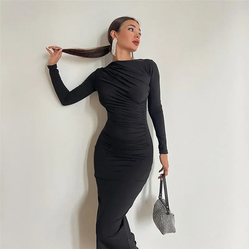 

Fashionable Round Necked Long Sleeved Slim Fit Wrap Buttocks Solid Color Temperament Dress 2024 High Waisted Long Skirt