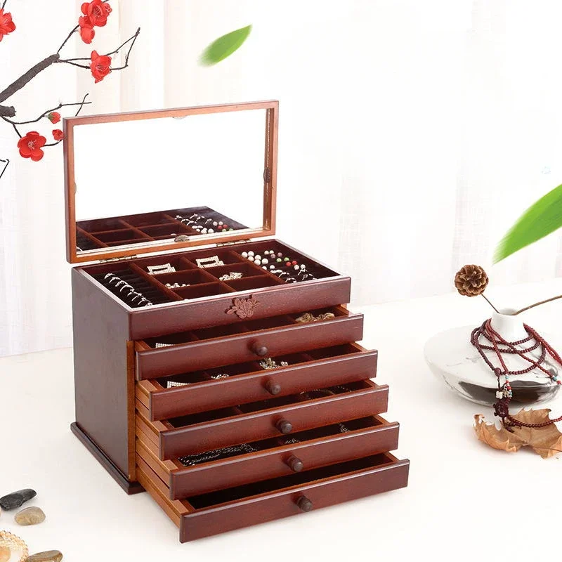 Necklace Jewelry Organizer Box Wood Jewelry Case with Ring Earring Drawer Bracelet Display Plastic Storage Separators 4