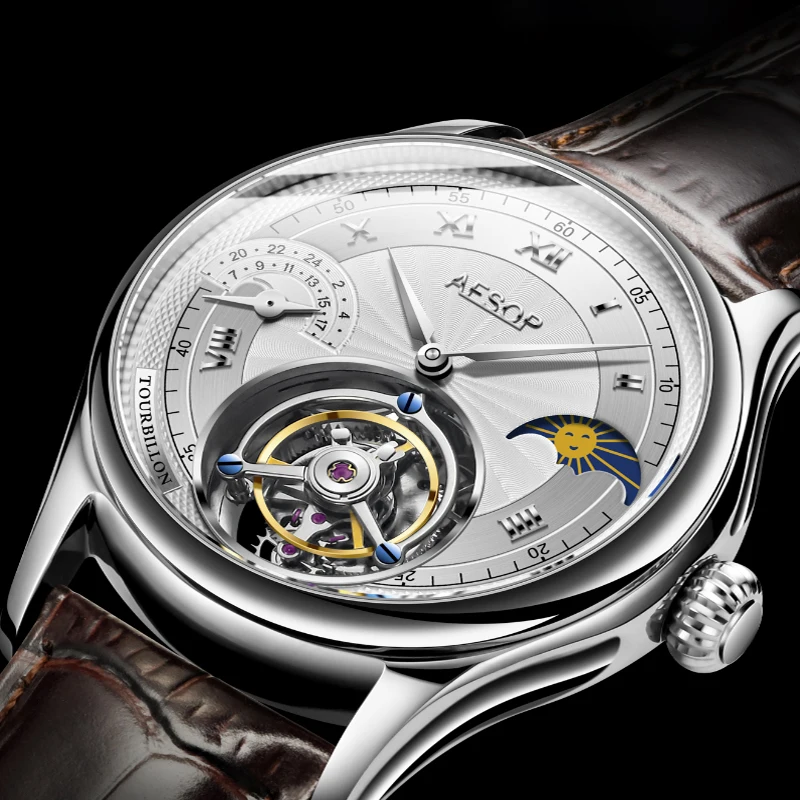 

AESOP Luxury Men's Original Tourbillon Movement Mechanical Watch Fashion Hollow Moonphase Winding Movement Sapphire Wristwatches