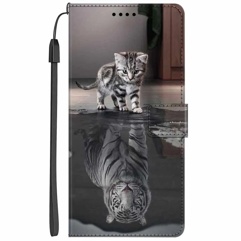 Elegant Leather Flip Wallet Cover - Premium Phone Case with Cat Design