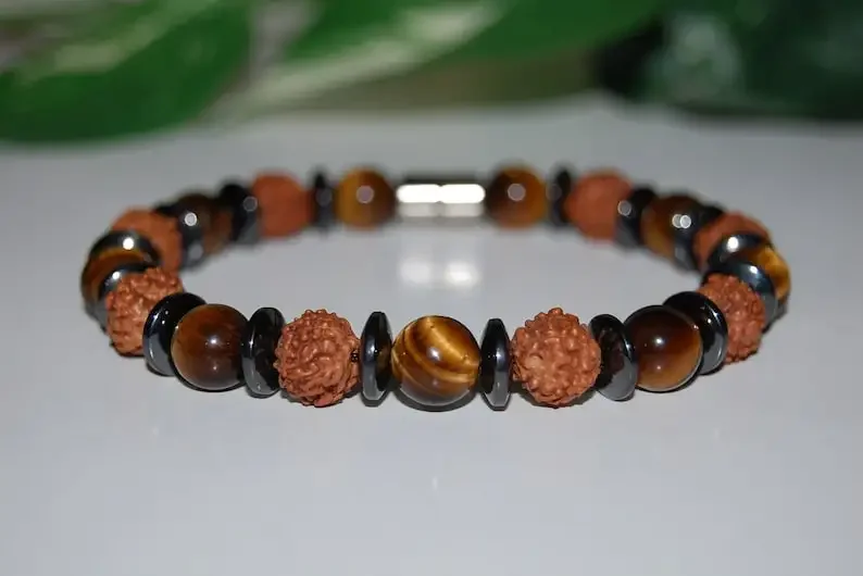 Bracciale Occhio Di Tigre, Bracciale Buddista Mala, Bracciale Rudraksha, Pietra Occhio Di Tigre E Perline Di Legno Rudraksha, Uomo, Donna, Magnetico