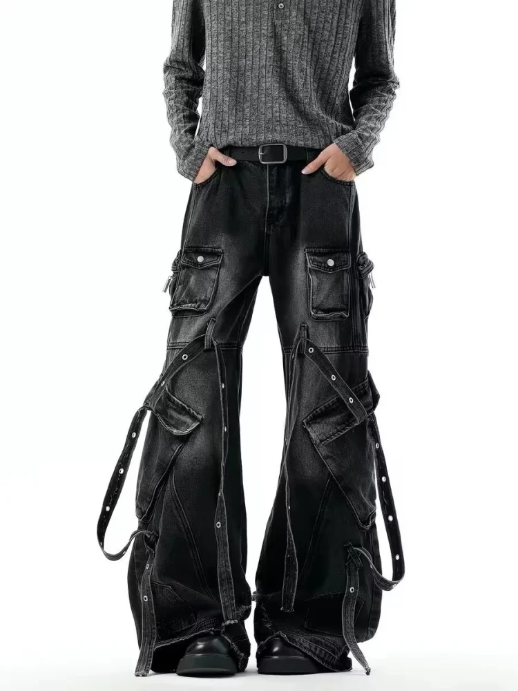 2026 Punk Y2K Style Multi Pockets Washed Black Baggy Cargo Jeans Pants For Men Clothing Wide Leg New Rock Luxury Long Trousers