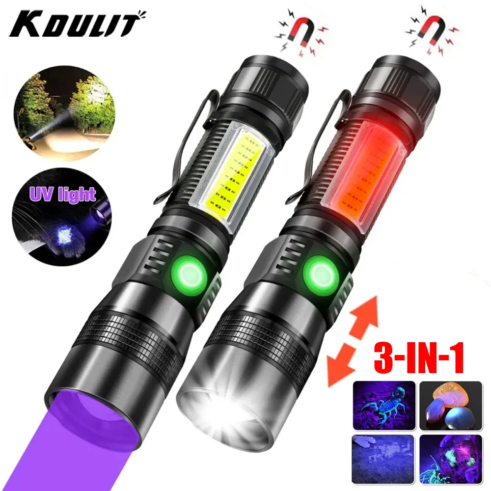 UV Light & Strong Light Flashlight USB Rechargeable Camping Lantern Pets Urine Stains Black Led Ultraviolet Torch Lamp